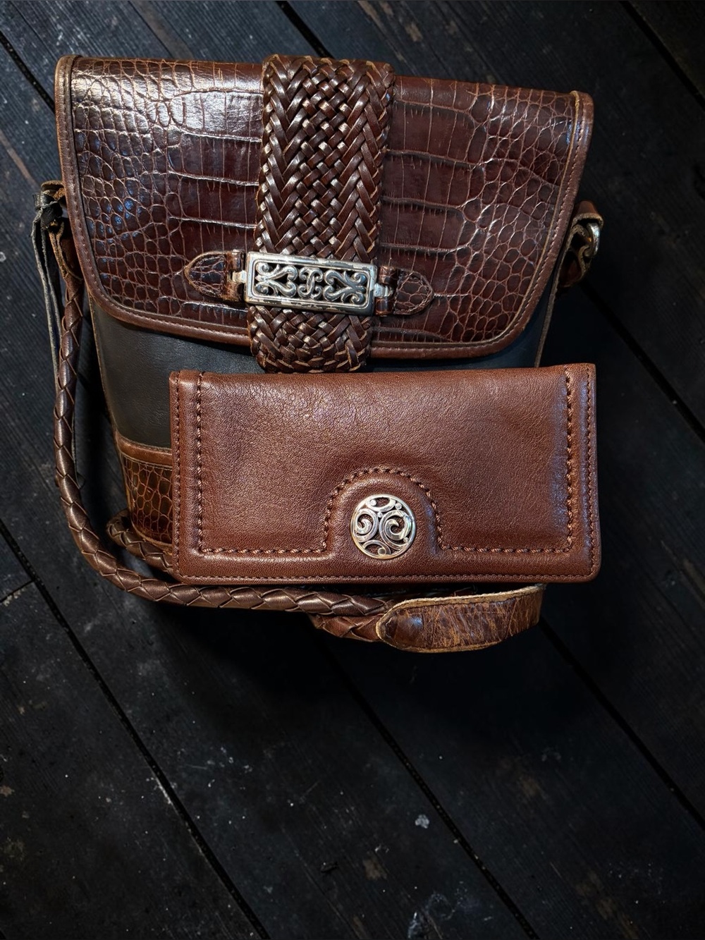 Vintage Brighton Black Brown Croc Leather Crossbody Bag + Matching Wallet Set